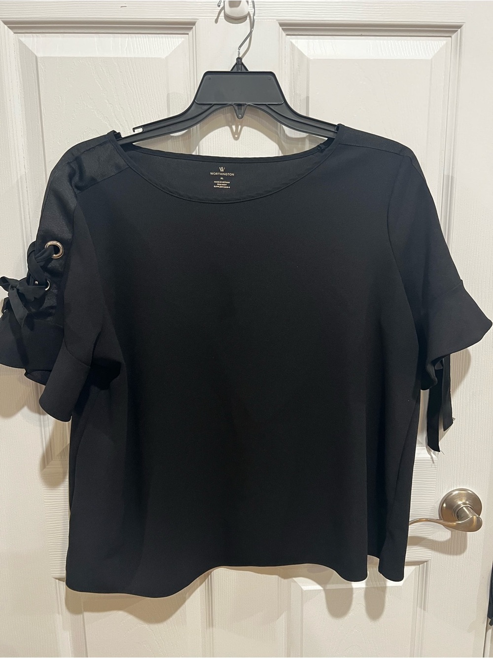 Worthington Black Short Sleeve Blouse with Tie Detail